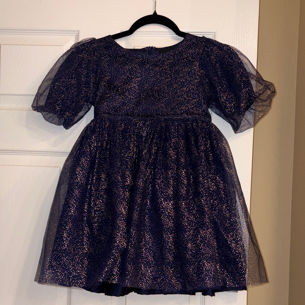 Bardot Sparkly Navy Blue Dress with Puff Sleeves